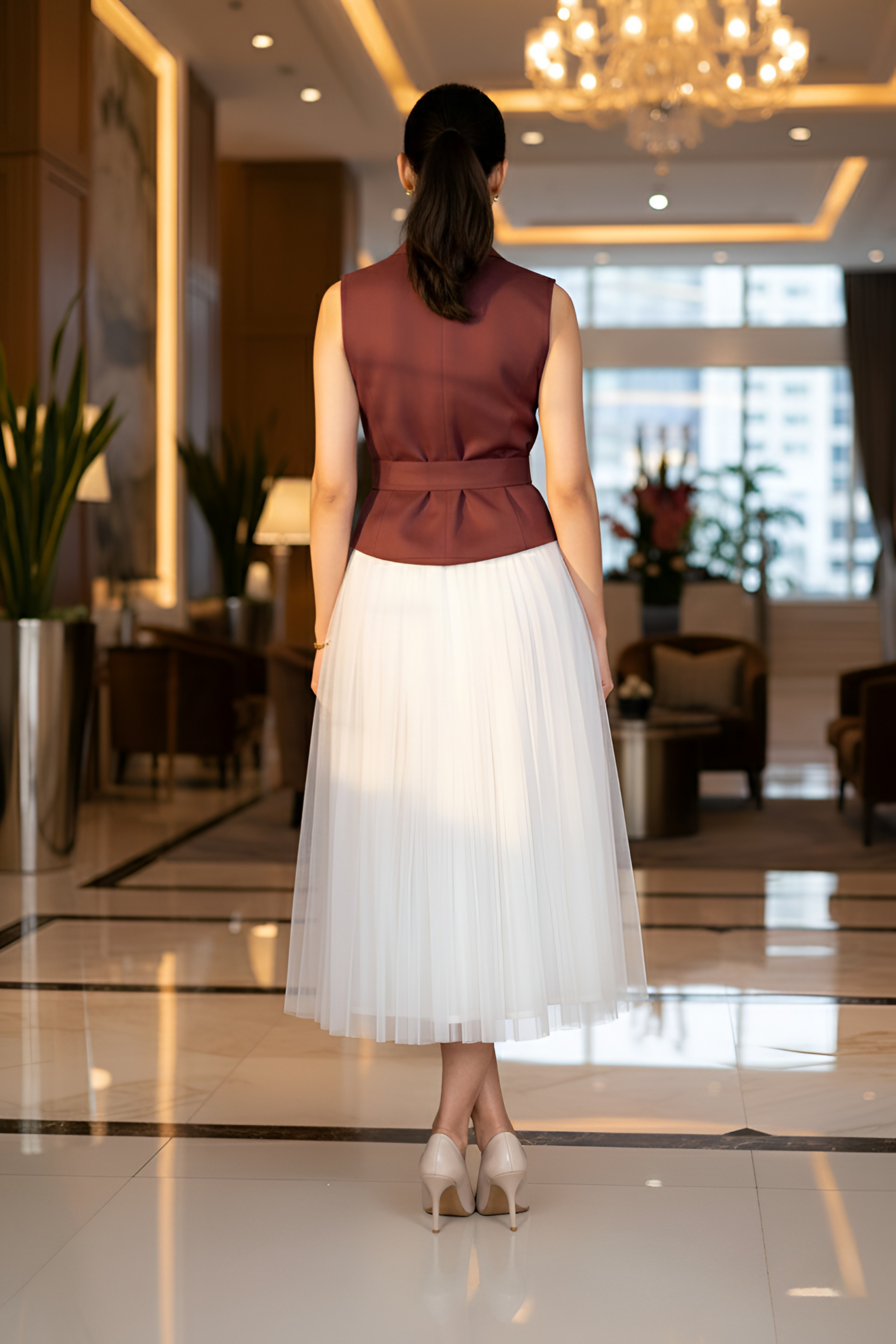 Ivory Skirt & Wine Waist coat – Classic Contrast